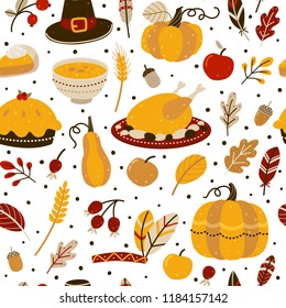 Seamless pattern withThanksgiving day elements isolated on white