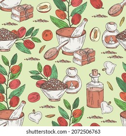 Seamless pattern withziziphus Juyuba: ziziphus Juyuba fruits and unabi leaves, bath salt, soap and beauty products. Cosmetic, perfumery and medical plant. Vector hand drawn illustration