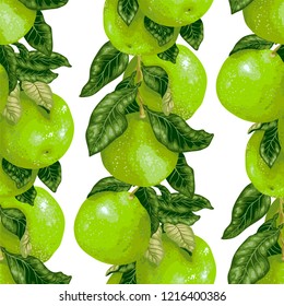 Seamless pattern witj citus fruit branch in green colors in vector graphic illustration