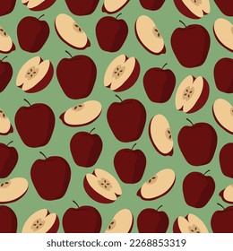Seamless pattern witj red apples. Bright, juicy, tasty fruits. Background for eco products, textiles, fabrics, paper. Vector illustration