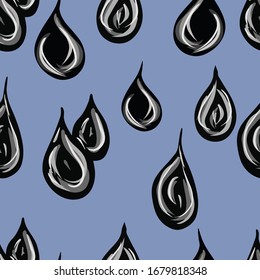 Patrón inoxidable con el aceite negro cae sobre fondo blanco. Dibujos vectoriales realizados en estilo caricaturista. Diseño para decorar papel de envolver, rayado, papel pintado, textil, uniforme