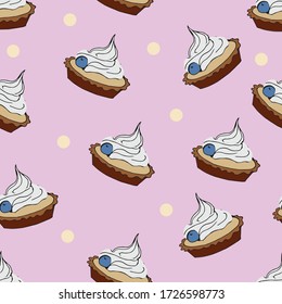 tarta de patrón sin soldadura con crema y arándano sobre fondo rosa, diseñada para papel de pared, embalaje