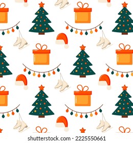 Seamless pattern witn christmas and new year elemets. Pattern with christmas tree, gift, skate, hat and garland	