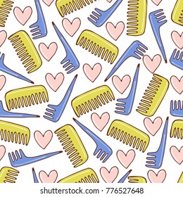 Seamless pattern witn combs and hearts. Hand drawn vector illustration, fashion hand drawn colorful background. Kids theme.
