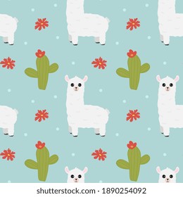Seamless pattern witn cute llama and cactus. Design for fabric, textile and decor. 