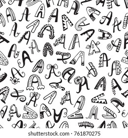 Seamless pattern witn different letters. Hand drawn vector lettering, doodle background of decorative elements, figures. Design for T-shirt, textile and prints.