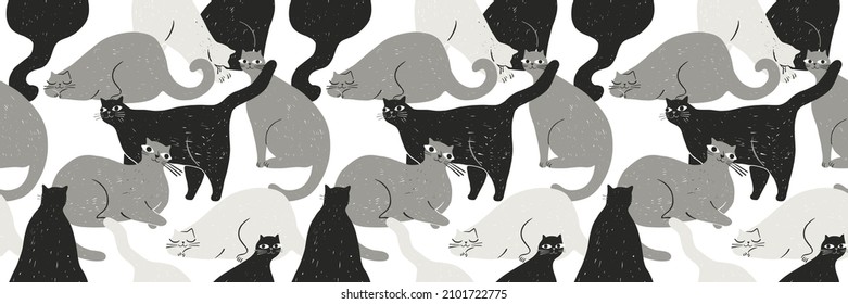 Nahtloses Muster mit eleganten, stylischen Katzen in verschiedenen Posen. Für Druckdesign, Textilien, Stoff, Verpackungspapier, Dekoration. Vektorwiederholende Muster mit Kätzchen. Einfaches Silhouettendruck. Monochrom