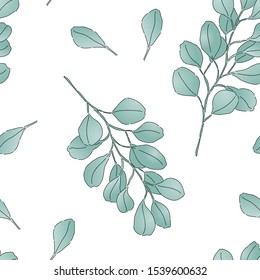 Seamless pattern witn floral eucalyptus branch. Organic ecological element for design wedding card, birthday poster. Vector Illustration