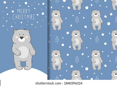 Seamless pattern witn grey bear and snow and Merry Christmas greeting card. Cute winter pattern.