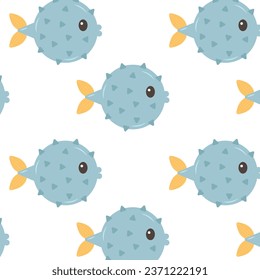 Seamless pattern witn hand drawn Fish Hedgehog. Sea animal. Ocean vibes. Element of sea life in doodle cartoon. Vector illustration