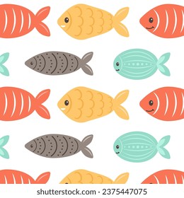 Seamless pattern witn hand drawn Fish. Sea animal. Ocean vibes. Element of sea life in doodle cartoon. Vector illustration