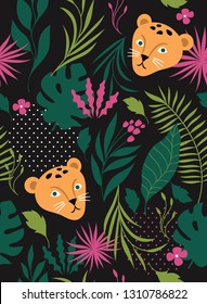 Seamless pattern witn leopards on a black background