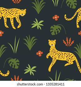 Seamless pattern witn leopards on a black background
