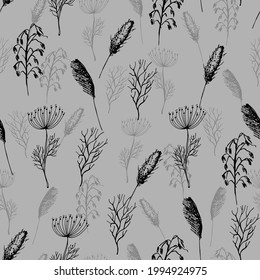 Seamless pattern witn monochrome garden herbs on grey background