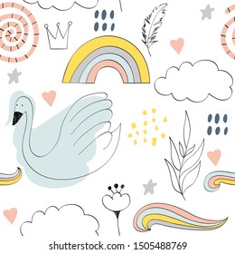 Seamless pattern witn rainbow, swan and cloud in vector.