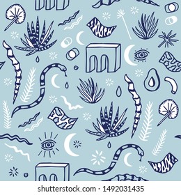 Seamless pattern witn snakes and aloe in blue 