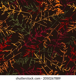 Seamless pattern witn thin color silhouettes of fall wild herbs. Simple wild grass background. Floral texture for surface design.