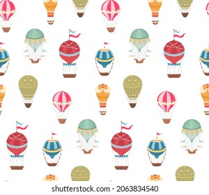 Seamless pattern witn vintage hot air balloons with ribbons and flags on white background. Wallpaper with retro air transport. Vector flat texture with cartoon balloons for fabric