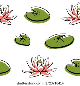 Nahtlose Muster mit Wasserlilie, Lotusblume und Blättern. Handgezeichnet bunte Skizze mit tropischen Blumen und Blättern einzeln auf weißem Hintergrund. Vektorgrafik