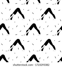 Nahtlose Muster bei Frauen, die zu Hause Yoga machen. Illustration mit Pose Hund Gesicht nach unten, Adho Mukha Shvanasana.