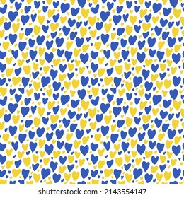 Seamless pattern witn yellow and blue hearts. Stop War in Ukraine concept vector illustration. Heart, love for Ukraine, Ukrainian flag and map illustration. Save Ukraine from Russia. 