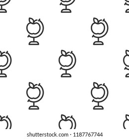 Seamless pattern witth apple globes on white. Black line flat Earth planet model. Science ornament. School study, education and mental outlook metaphor. Geography, navigation. Internet search.