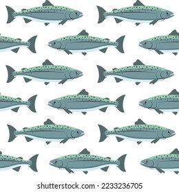 Seamless pattern witth salmon whole red fish, vector illustration isolated on white background. Blue element. Realistic seafood product, sushi ingredient, healthy nutrition.