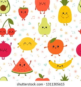 Seamless pattern wiyh dancing fruits. Cute hand drawn kawaii fruits. Healthy style collection. Flat style. Vegetarian food. Cartoon party. Vector illustration
