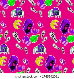 Seamless pattern. Wizard, ghosts, potion. 