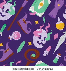 Seamless pattern with Wizard and Warlock objects and equipment, dark sorcerer. Hand drawn vector illustration