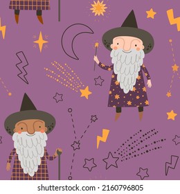 Seamless pattern with wizards, stars, moon and constellations on light violet background. Magical digital background with vector hand drawn elements. Seamless pattern for kids fabric, scrapbook paper.