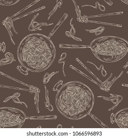 Seamless pattern with wok: chinese noodles, wok with noodles and chopsticks with noodles. Vector hand drawn illustration