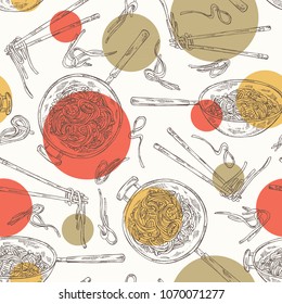 Seamless pattern with wok: chinese noodles, wok with noodles and chopsticks with noodles. Vector hand drawn illustration