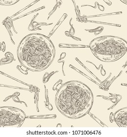 Seamless pattern with wok: chinese noodles, wok with noodles and chopsticks with noodles. Vector hand drawn illustration
