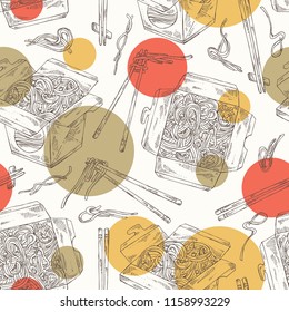 Seamless pattern with wok: chinese noodles, wok box and chopsticks with noodles. Vector hand drawn illustration