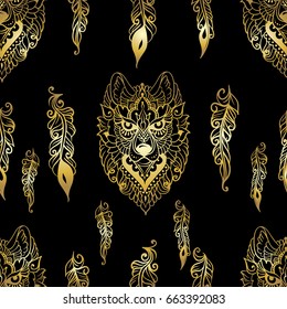 Seamless pattern with wolf and feathers in ethnic style - gold line art on a black background