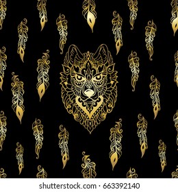 Seamless pattern with wolf and feathers in ethnic style - gold line art on a black background