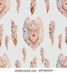 Seamless pattern with wolf and feathers in ethnic style - colorful gradient art on a light gray background