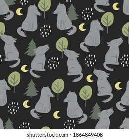 Seamless pattern with wolf howling at the moon in the forest. Decorative wallpaper for the nursery in the Scandinavian style. Vector. Suitable for children's clothing, interior design, packaging