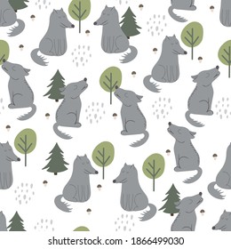 Seamless pattern with wolf howling at the moon in the forest. Decorative wallpaper for the nursery in the Scandinavian style. Vector. Suitable for children's clothing, interior design, packaging