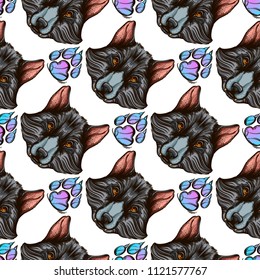 Seamless pattern with wolf's head and paw print for wallpaper, textiles, web page background and much more.