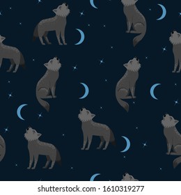 Seamless pattern with wolves howling at the moon. Vector graphics.