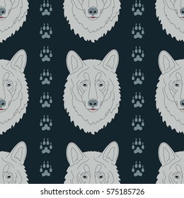Seamless pattern with wolves and traces. Can be used for graphic design, textile design or web design.