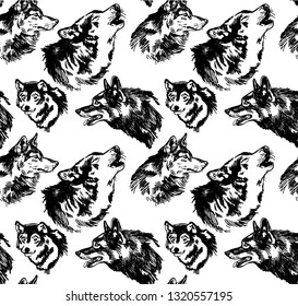 
Seamless pattern with wolves. Wild wolves, dogs. Vintage background. Freehand drawing.