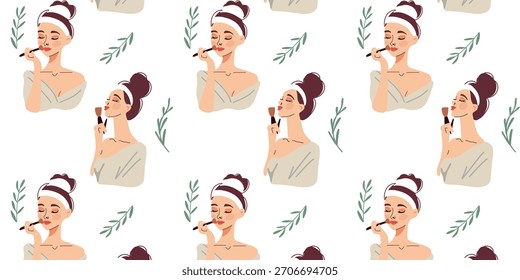 seamless pattern with woman applying makeup