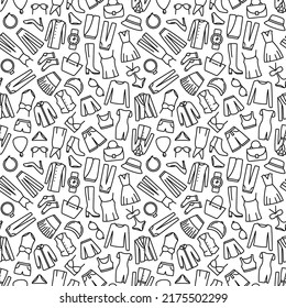 Patrón sin inconvenientes con la ropa de mujer y el icono de la línea de accesorios. Ilustración del vector