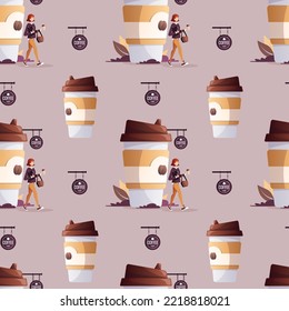 Seamless pattern with Woman and coffee in paper cup. Coffee shop, cafe-bar, drink, beverage concept. Vector illustration. Perfect for product design, wallpaper, wrapping paper.