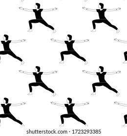 Patrón sin inconvenientes con las mujeres haciendo yoga en casa. Ilustración con Warrior Pose, Virabhadrasana.
