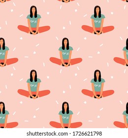 Seamless pattern with woman doing yoga at home. Illustration with pose Baddha Konasana, Bound Angle Pose.