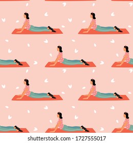 Seamless pattern with woman doing yoga at home. Illustration with Facing Dog, Urdhva Mukha Shvanasana.